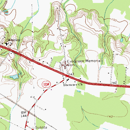 Topographic Map of Evergreen Memorial Cemetery, NC