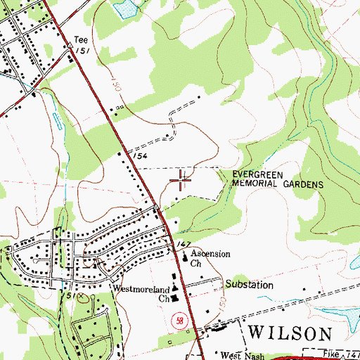 Topographic Map of Evergreen Memorial Gardens, NC
