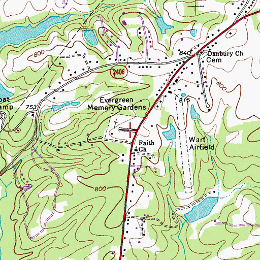 Topographic Map of Evergreen Memory Gardens, NC