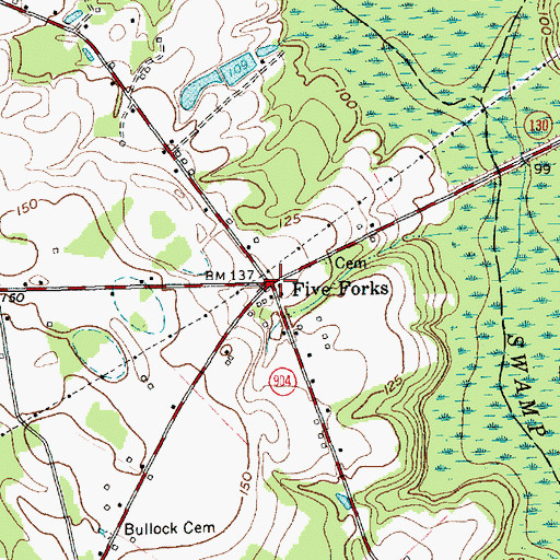 Topographic Map of Five Forks, NC