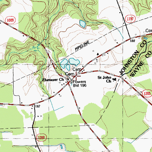 Topographic Map of Flowers Store, NC
