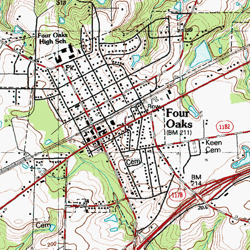 Topographic Map of Four Oaks, NC