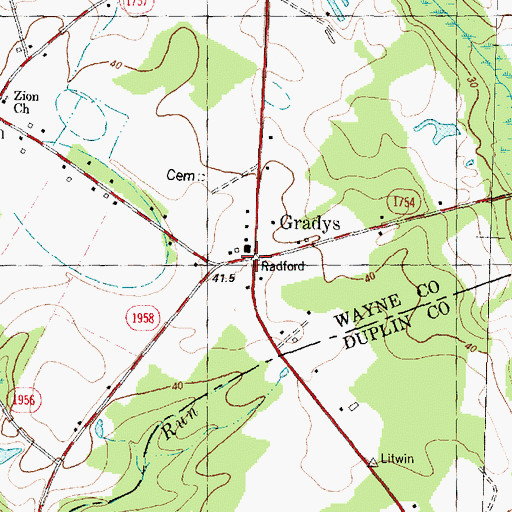 Topographic Map of Gradys, NC