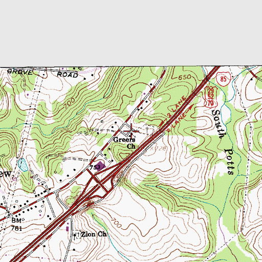 Topographic Map of Greers Chapel United Methodist Church, NC
