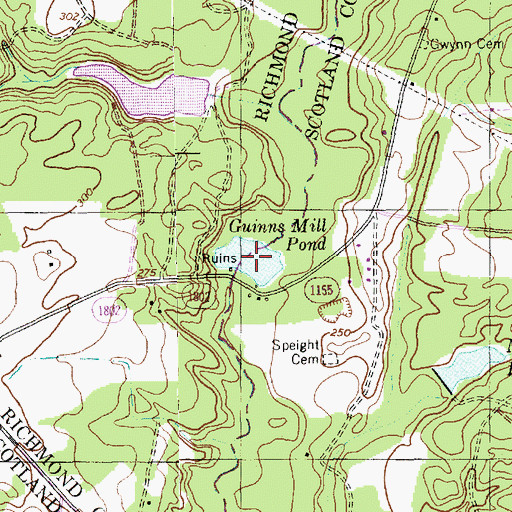 Topographic Map of Guinns Mill Pond, NC