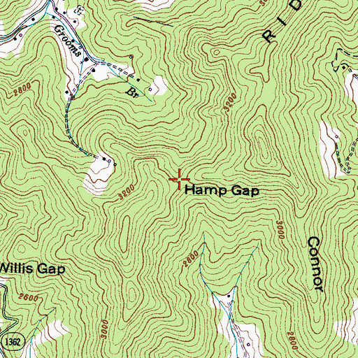Topographic Map of Hamp Gap, NC
