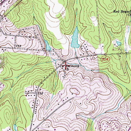 Topographic Map of Harmony Church, NC