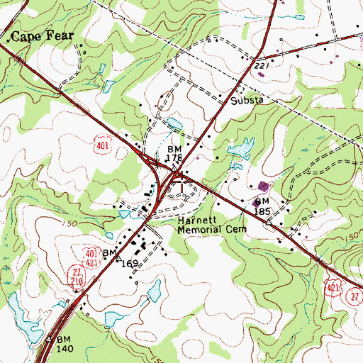 Topographic Map of Harnett Memorial Cemetery, NC