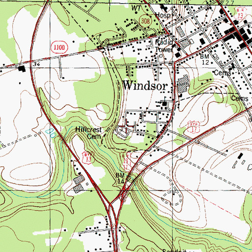 Topographic Map of Hillcrest Cemetery, NC