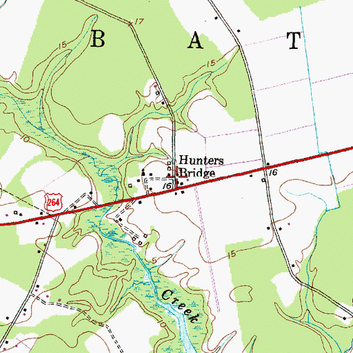 Topographic Map of Hunters Bridge, NC