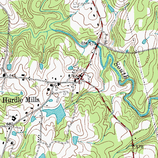Topographic Map of Hurdle Mills, NC