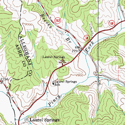 Topographic Map of Laurel Springs Baptist Church, NC