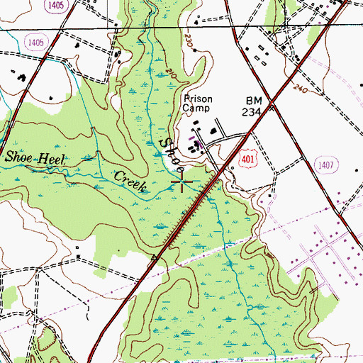 Topographic Map of Little Shoe Heel Creek, NC