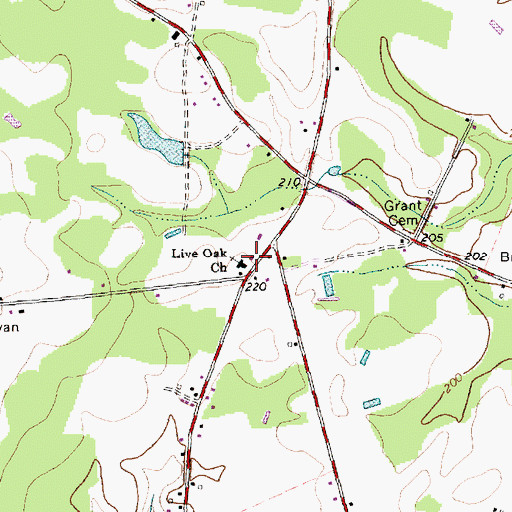 Topographic Map of Live Oak Church, NC