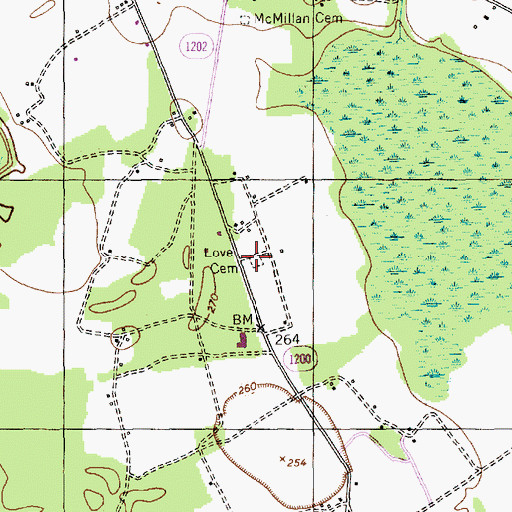 Topographic Map of Love Cemetery, NC