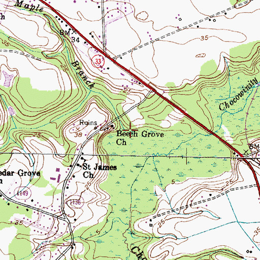 Topographic Map of Maple Branch, NC
