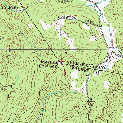 Topographic Map of Martins Low Gap, NC