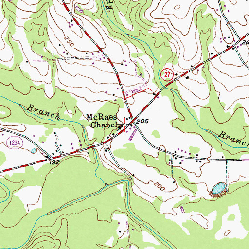 Topographic Map of McRaes Chapel, NC