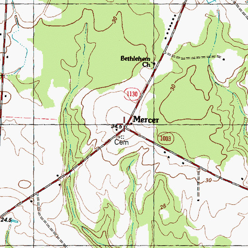 Topographic Map of Mercer, NC
