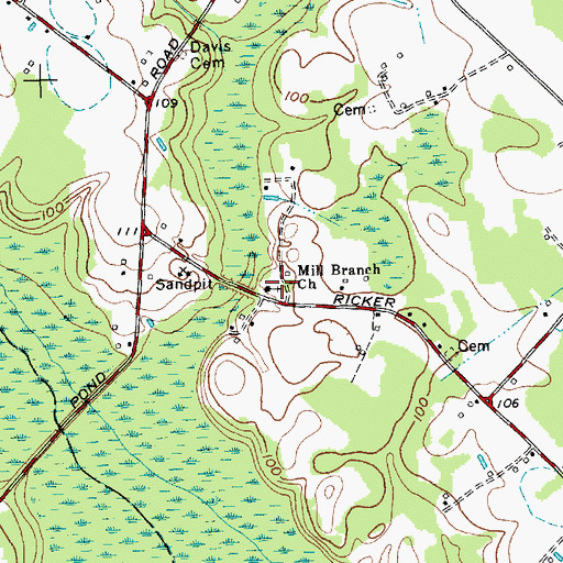 Topographic Map of Mill Branch Church, NC