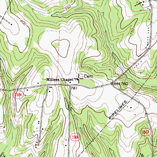 Topographic Map of Millers Chapel, NC