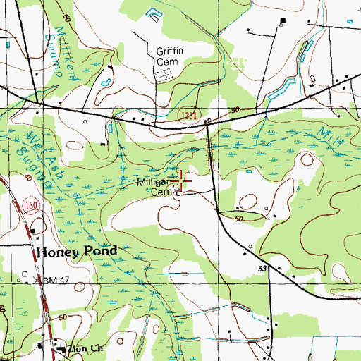 Topographic Map of Milligan Cemetery, NC