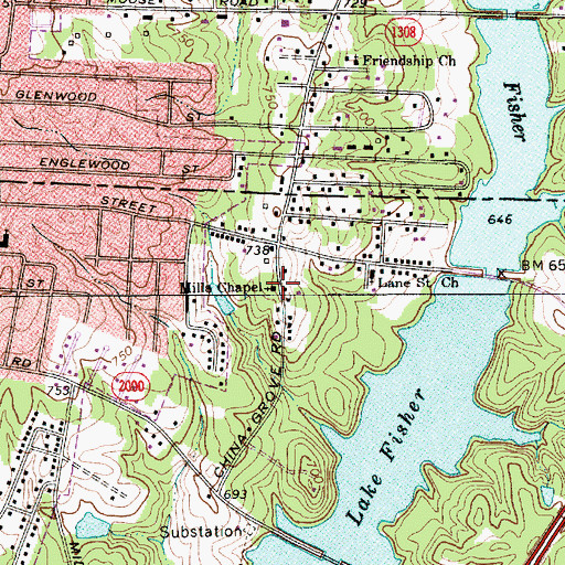 Topographic Map of Mills Chapel, NC