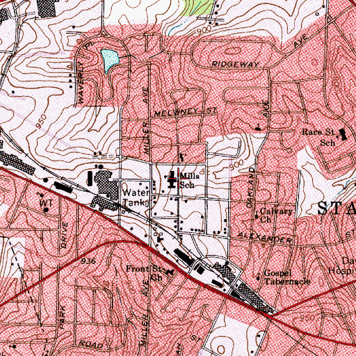 Topographic Map of Mills School, NC