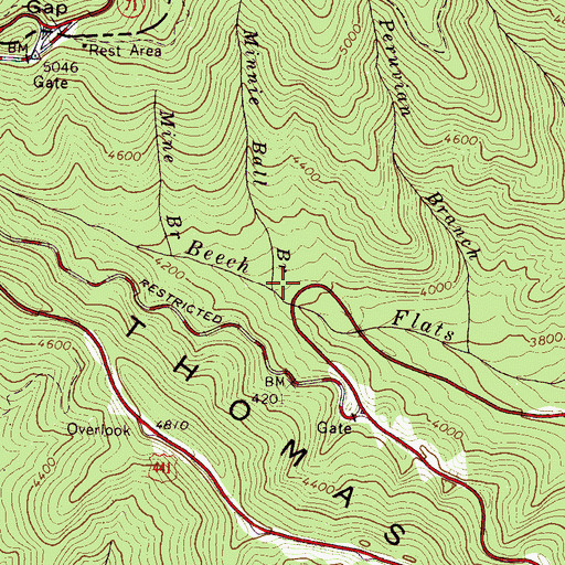 Topographic Map of Minnie Ball Branch, NC