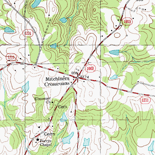 Topographic Map of Mitchiners Crossroads, NC
