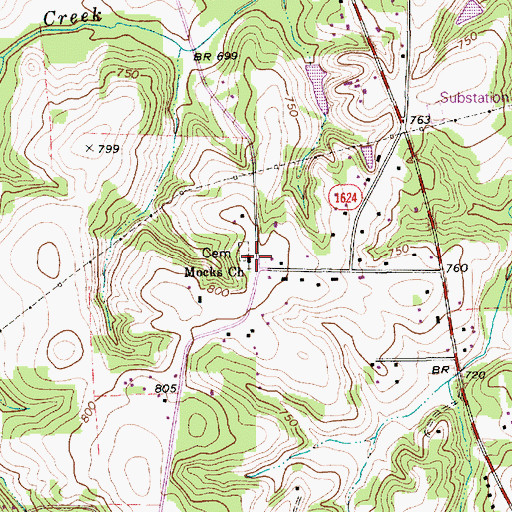 Topographic Map of Mocks Church, NC