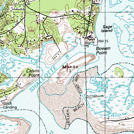 Topographic Map of Monks Island, NC