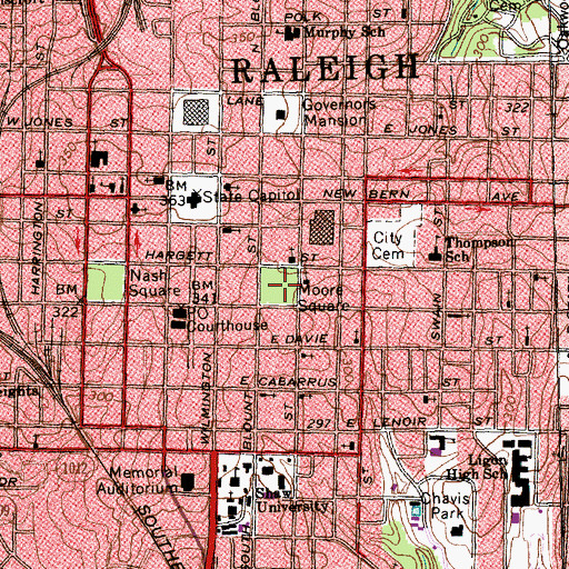 Topographic Map of Moore Square, NC