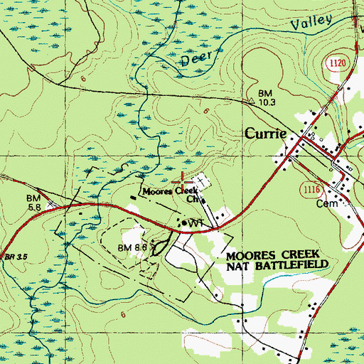 Topographic Map of Moores Creek Church, NC