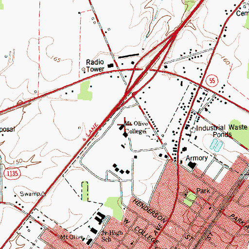 Topographic Map of Mount Olive College, NC