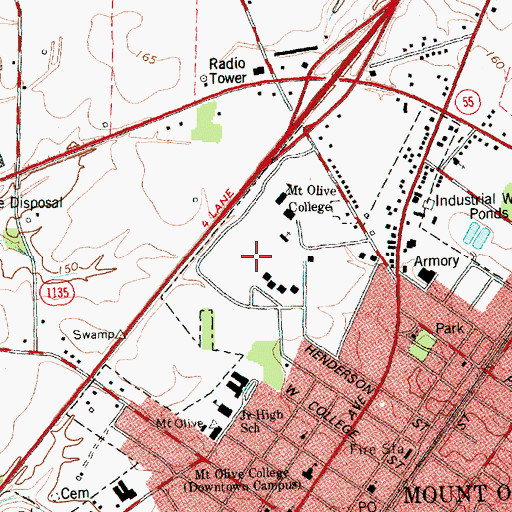 Topographic Map of University of Mount Olive, NC