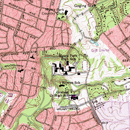 Topographic Map of Myers Park High School, NC