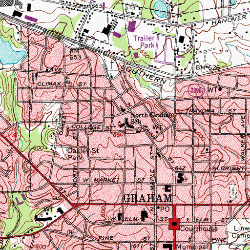 Topographic Map of North Graham School, NC