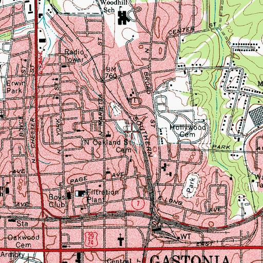 Topographic Map of North Oakland Street Cemetery, NC
