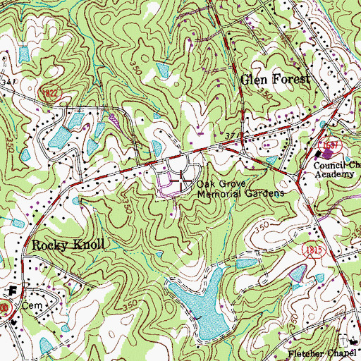 Topographic Map of Oak Grove Memorial Gardens, NC