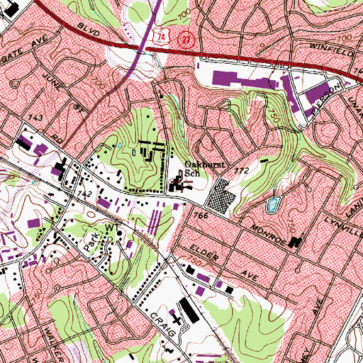 Topographic Map of Oakhurst Elementary School, NC