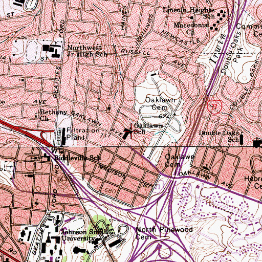 Topographic Map of Oaklawn Language Academy, NC
