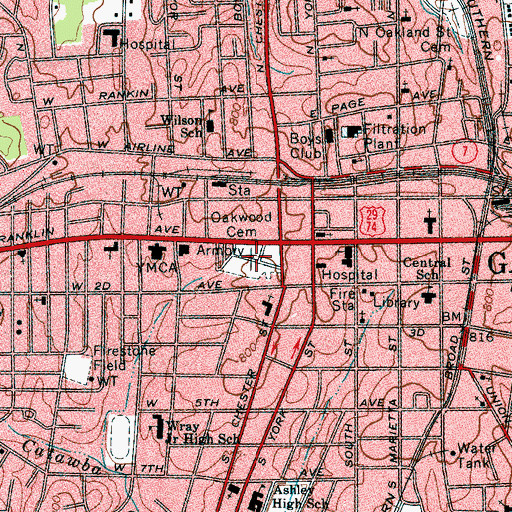 Topographic Map of Oakwood Cemetery, NC