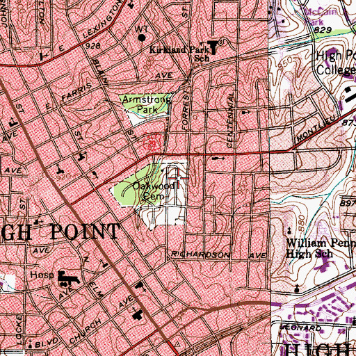 Topographic Map of Oakwood Cemetery, NC