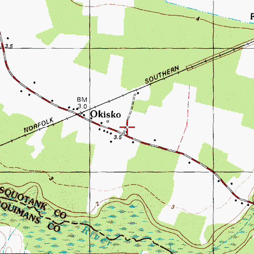 Topographic Map of Okisko, NC