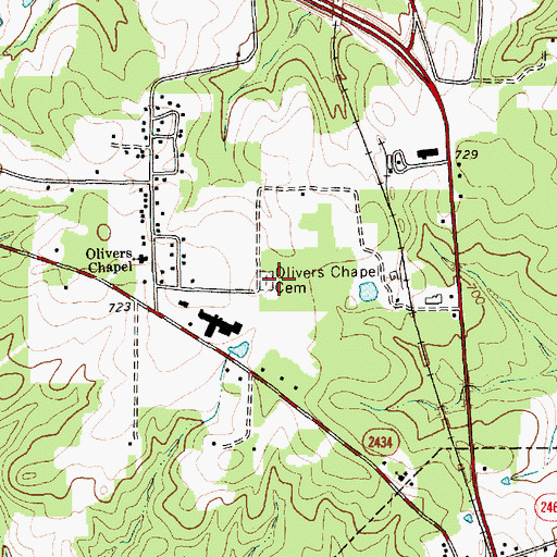 Topographic Map of Olivers Chapel Cemetery, NC