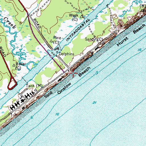 Topographic Map of Onslow Beach, NC