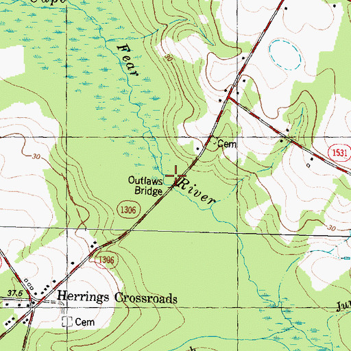 Topographic Map of Outlaws Bridge, NC