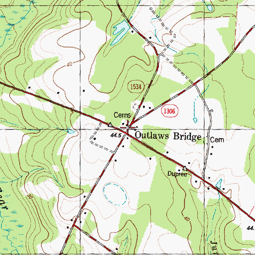 Topographic Map of Outlaws Bridge, NC