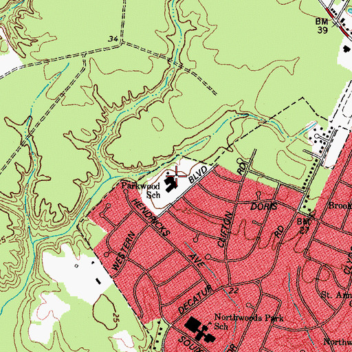 Topographic Map of Parkwood School, NC